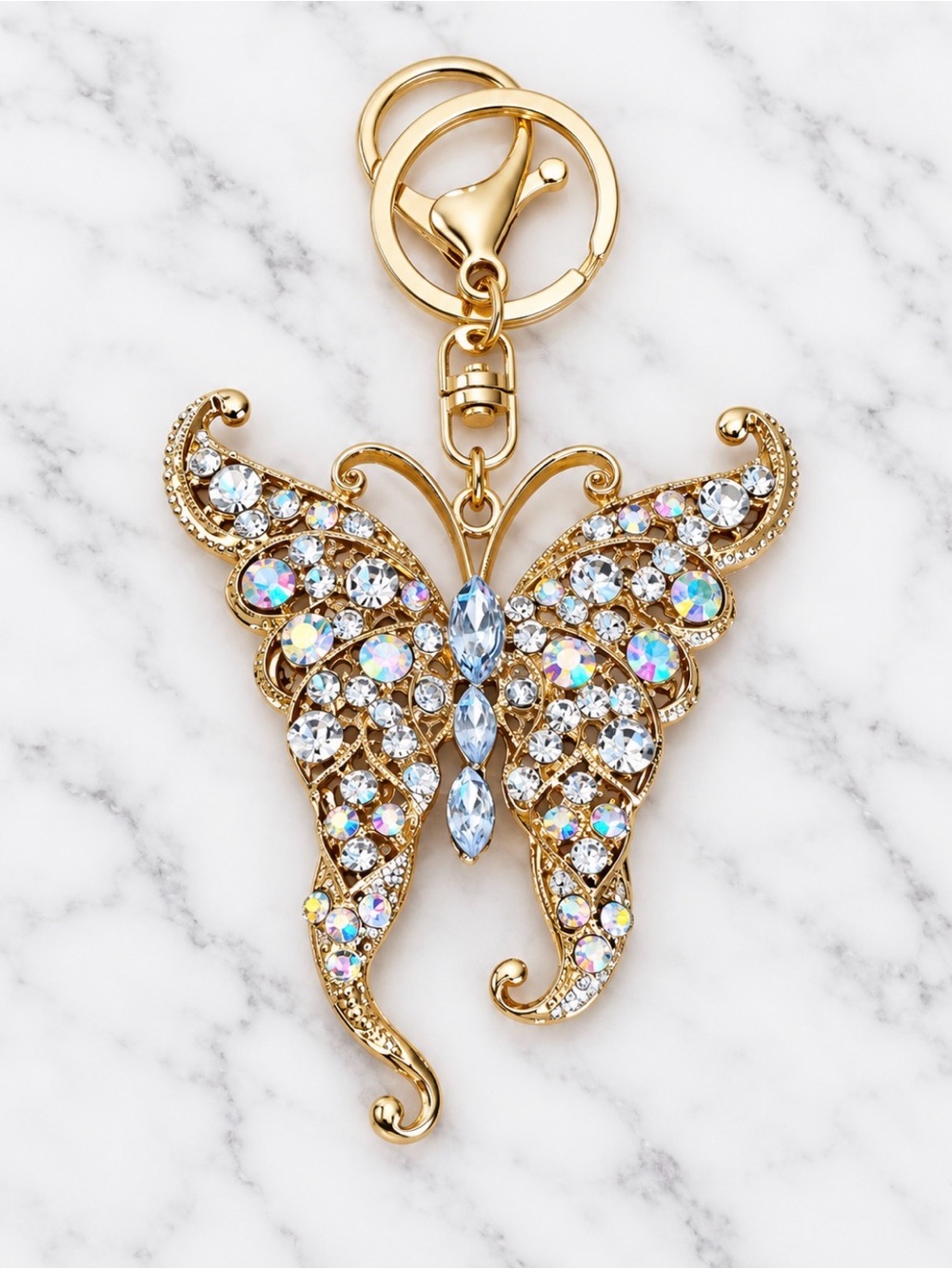Large white Crystal Butterfly Bag Charm/Keyring-Gold Tone Hardware